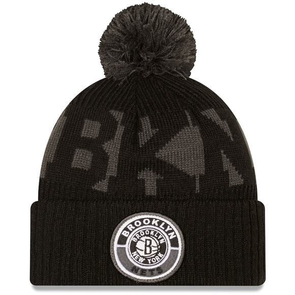 Men's Brooklyn Nets New Era Black Sport Logo Cuffed Knit Hat with Pom NBA Basketball