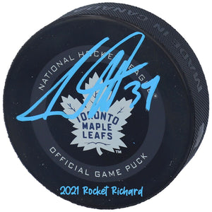Auston Matthews Toronto Maple Leafs Autographed 2021 Model Official Game Puck with "2021 Rocket Richard" Inscription