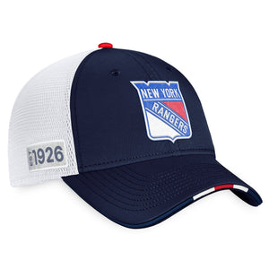 New York Rangers Fanatics Branded 2022 NHL Draft Authentic Pro On Stage Trucker Adjustable Hat - Navy/White