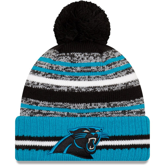 Men's Carolina Panthers New Era Black/Blue 2021 NFL Sideline Sport Official Pom Cuffed Knit Hat