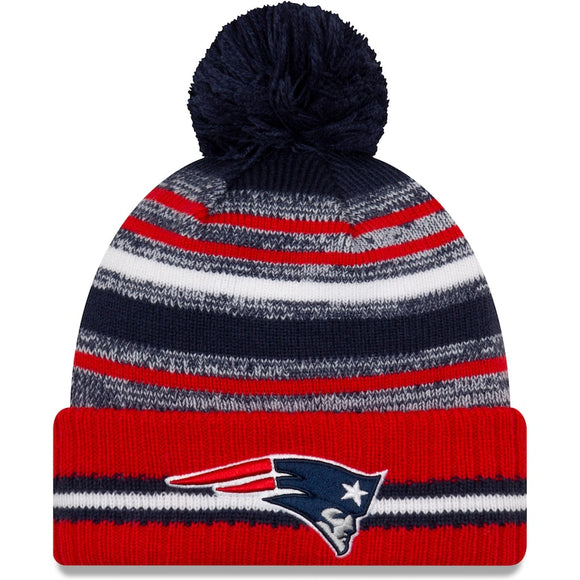Men's New Era Navy/Red New England Patriots 2021 NFL Sideline - Sport Official Pom Cuffed Knit Hat