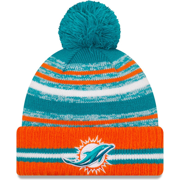 Men's Miami Dolphins New Era Aqua/Orange 2021 NFL Sideline Sport Official Pom Cuffed Knit Hat