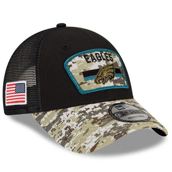 Men's Philadelphia Eagles New Era Black/Camo 2021 Salute To Service Trucker 9FORTY Snapback Adjustable Hat
