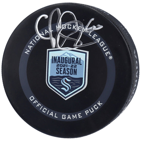 Chris Driedger Seattle Kraken Autographed 2021-22 Inaugural Season Official Game Puck