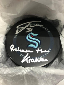 Philipp Grubauer Seattle Kraken Fanatics Authentic Autographed 2021-22 Official Game Puck with "Release The Kraken" Inscription
