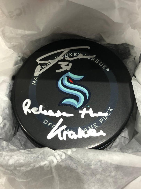 Philipp Grubauer Seattle Kraken Fanatics Authentic Autographed 2021-22 Official Game Puck with 