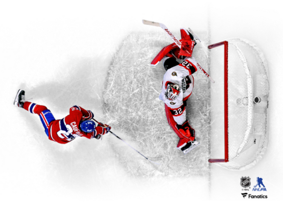 Montreal Canadiens Unsigned Photograph Cole Caufield 1st Goal Overhead Pose - Multiple Size