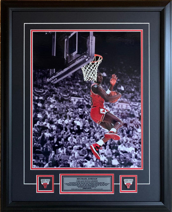 Michael Jordan Chicago Bulls REVERSE DUNK Spotlight Picture 25x31 Framed with Pins and Plate - Bleacher Bum Collectibles, Toronto Blue Jays, NHL , MLB, Toronto Maple Leafs, Hat, Cap, Jersey, Hoodie, T Shirt, NFL, NBA, Toronto Raptors