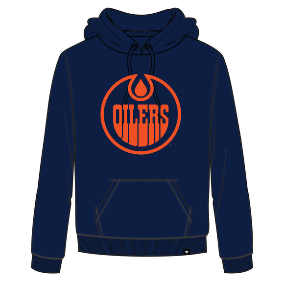 Men's Edmonton Oilers Alternate Imprint Headline Orange Logo Pullover Navy Hoodie